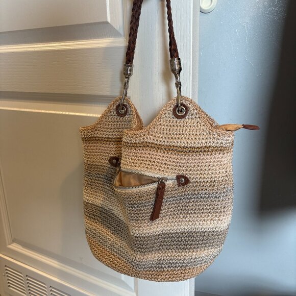 The Sak Striped Crochet Leather Strap Multi Color Hobo Purse Shoulder Bag - Picture 3 of 11